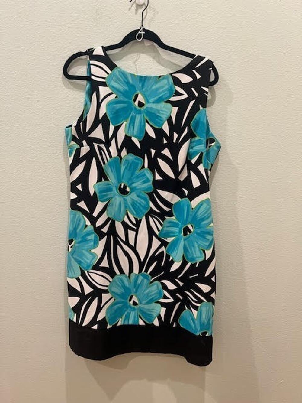 AB Studio Woman Size 16 Black/Turquoise Floral Pattern Sleeveless Shift Dress